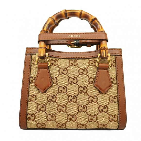 Gucci Bamboo Diana Crystal Handbag 707449 Canvas Leather Brown Beige 2-Way Ba... - Picture 13 of 13